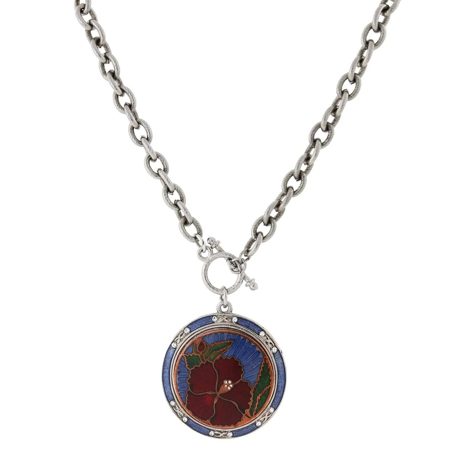 1928 Jewelry Blue And Red Floral Enamel Medallion Toggle Pendant Necklace 20"