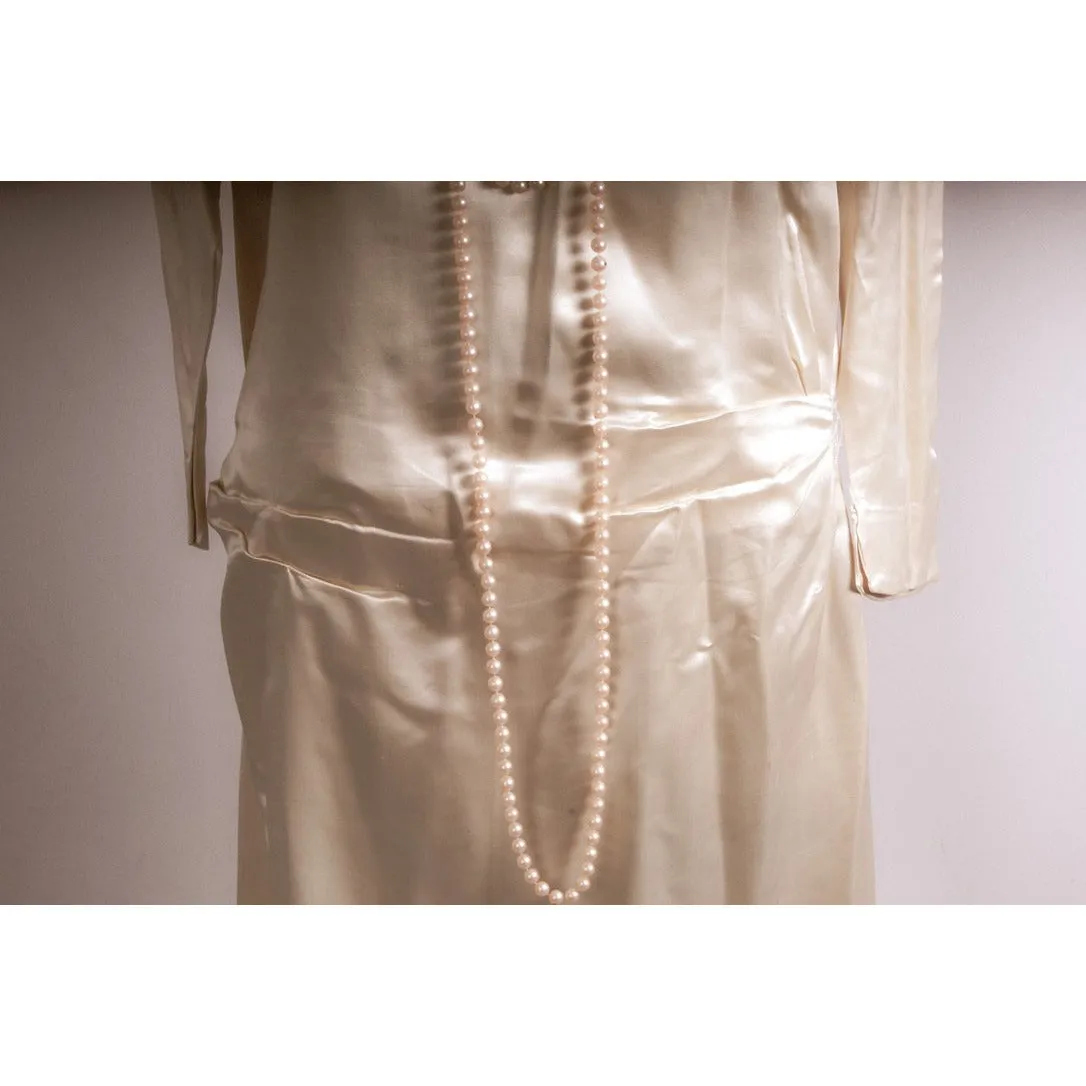 Antique 1920s Flapper Dress Simple Ivory Silk Satin Wedding 38"Bust- 38"Hips