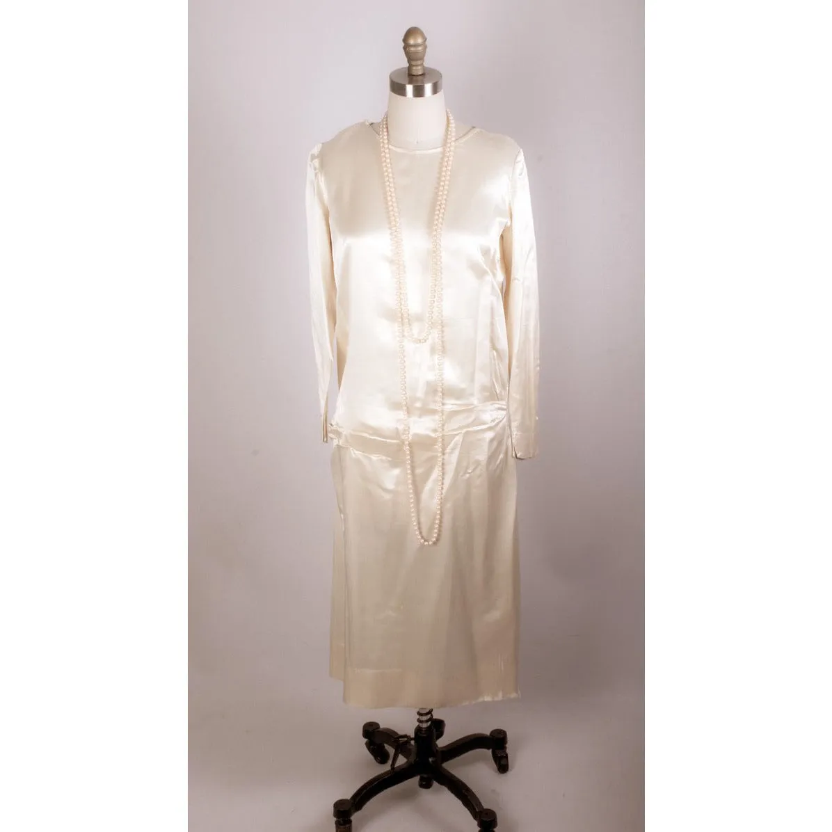 Antique 1920s Flapper Dress Simple Ivory Silk Satin Wedding 38"Bust- 38"Hips