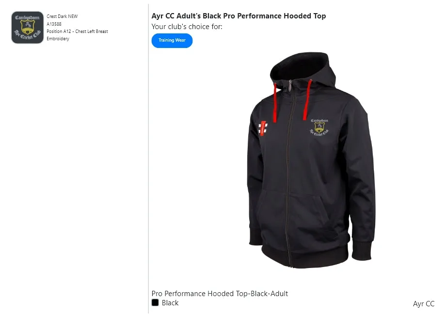 Ayr CC Adult's Black Pro Performance Hooded Top