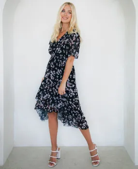 Black Floral Chiffon Tiered Midi Dress