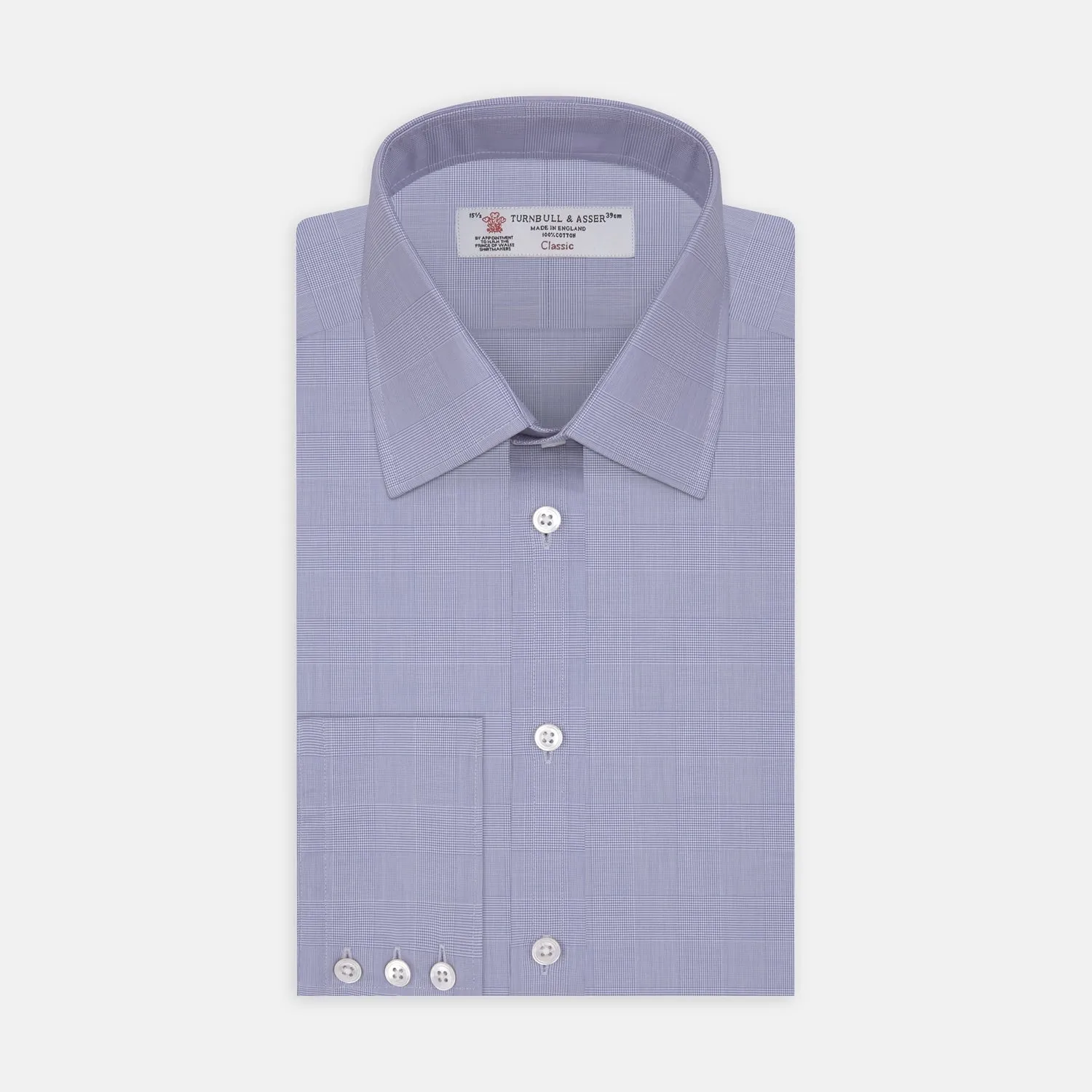 Blue Prince of Wales Check Shirt with T&A Collar and 3-Button Cuffs