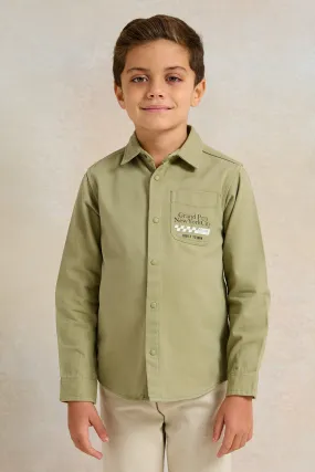 Boys Green Long Sleeve Printed Denim Shirt