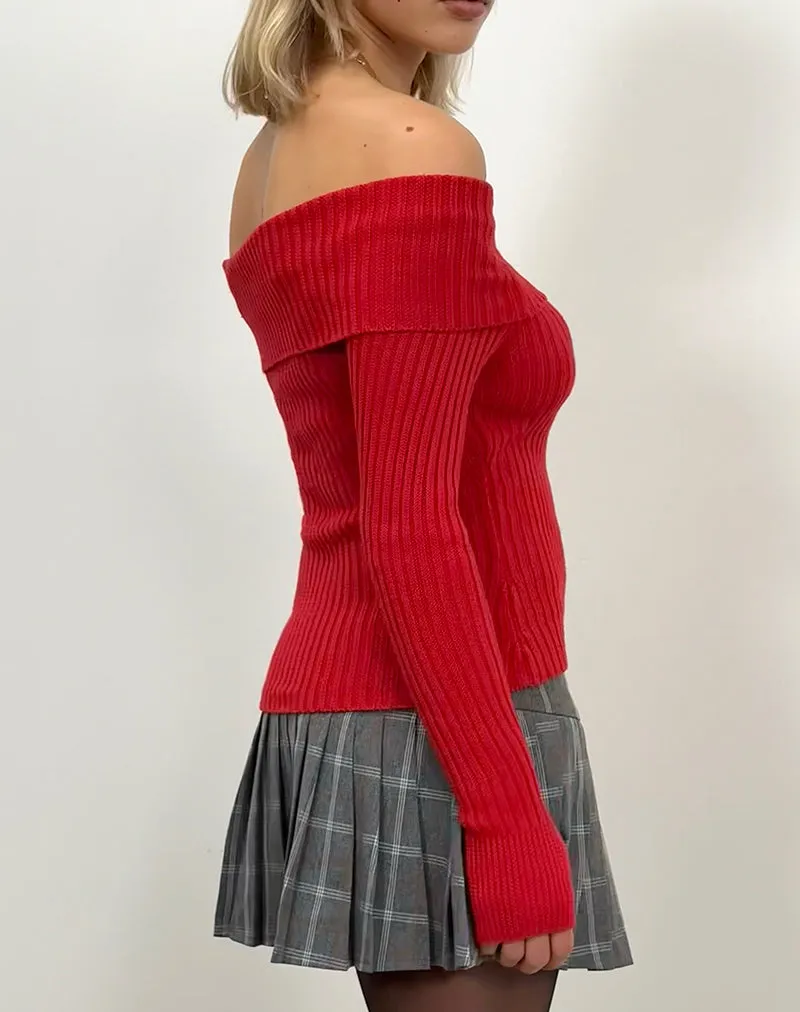 Circe Off-Shoulder Long Sleeve Knit Top in Red