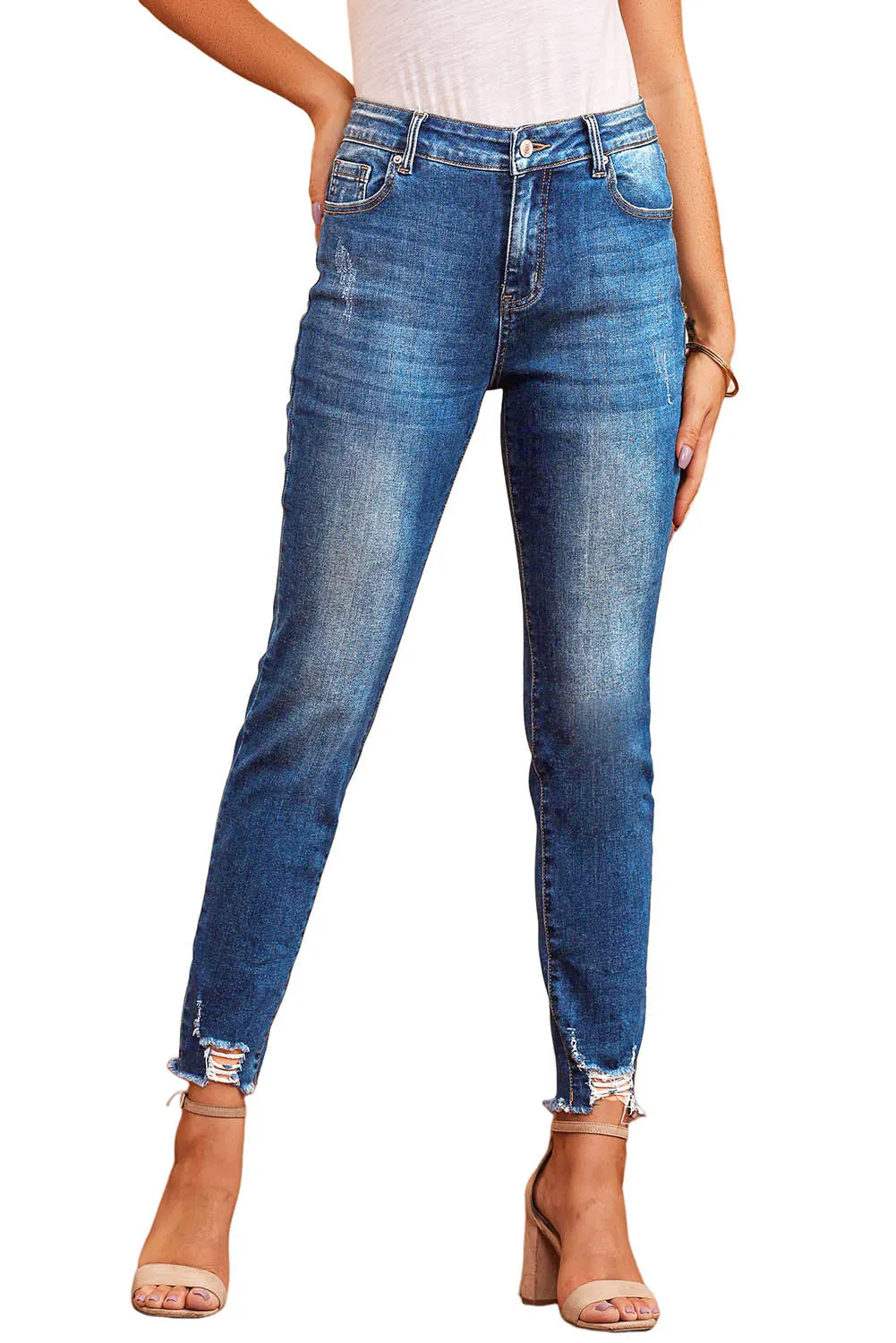 Dark Blue Casual Raw Hem Ankle Length Skinny Jeans