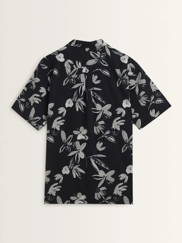 ETA Black Floral Printed Relaxed-Fit Cotton Shirt