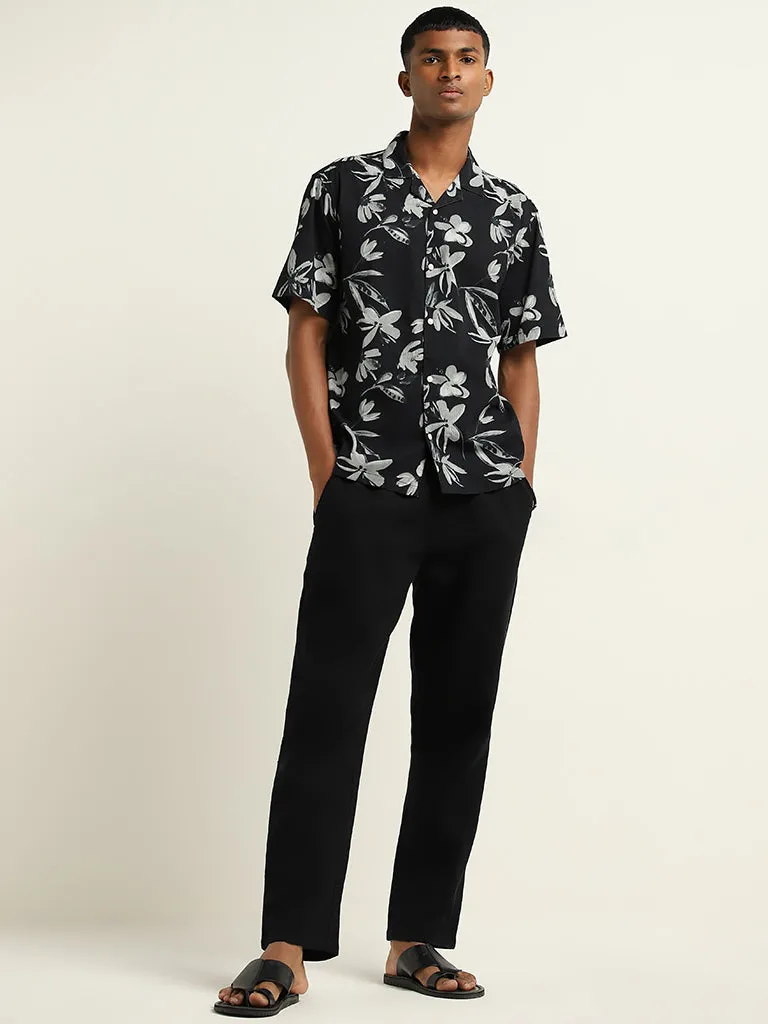 ETA Black Floral Printed Relaxed-Fit Cotton Shirt