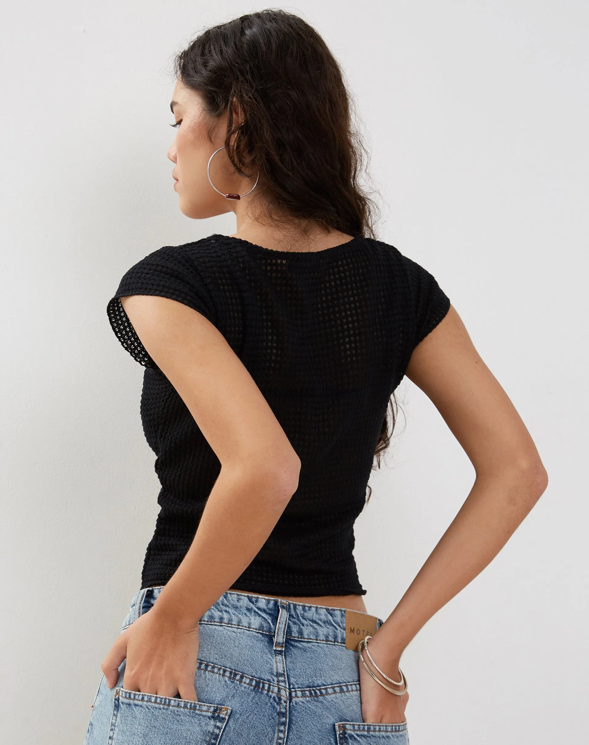 Gianina Crop Top in Black Textured Crochet