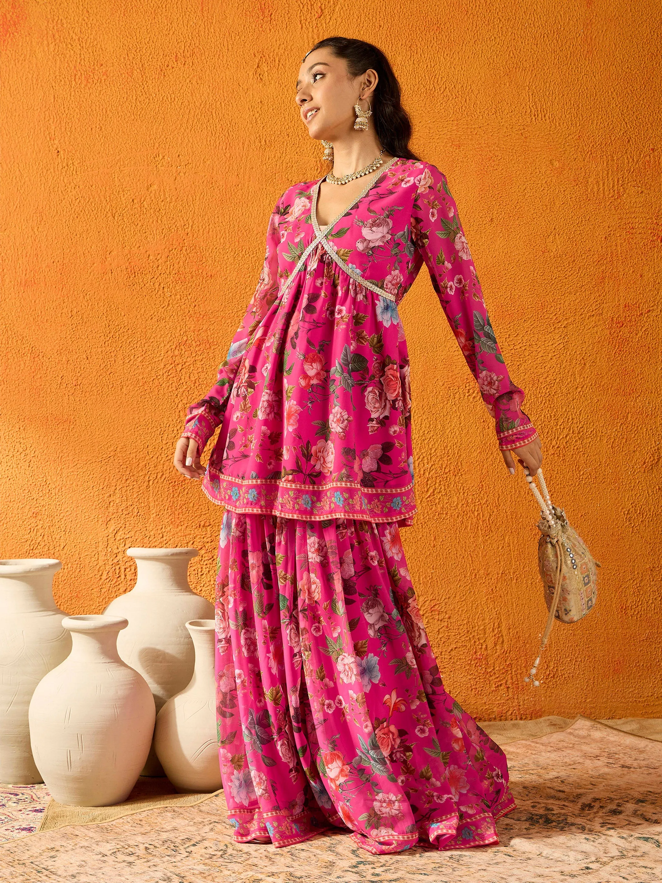 Girls Fuchsia Floral Peplum Top with Sharara Pants