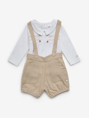 HOP Baby Beige Checkered Dungaree & Cotton T-Shirt Set