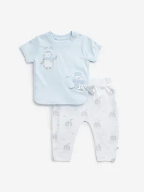 HOP Baby Light Blue Animal Print Cotton T-Shirt & Pants