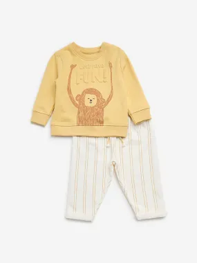 HOP Baby Yellow Text Embossed Cotton T-Shirt and Pants Set