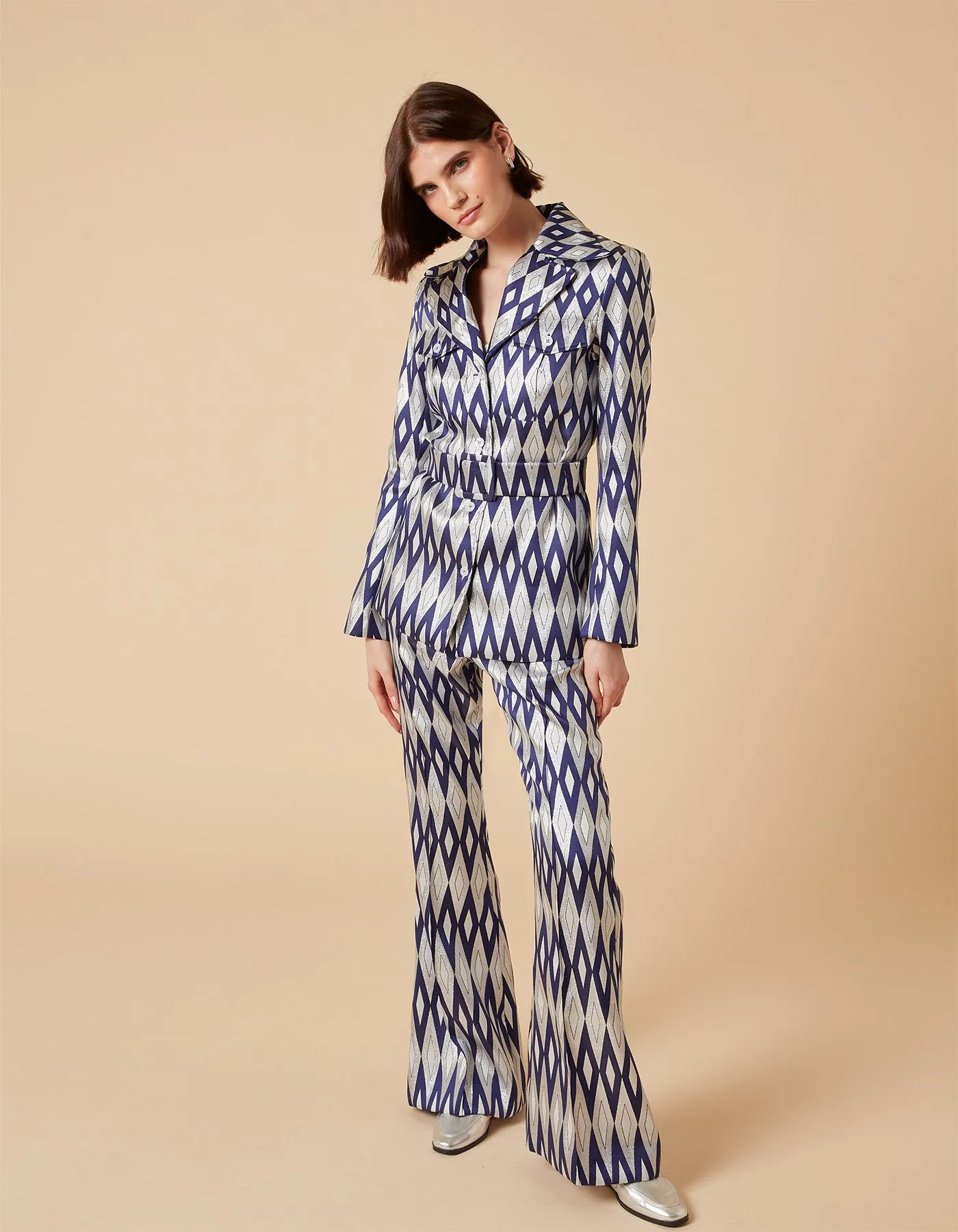 Kelly Blue Mirror Print Silk Jacquard Trousers