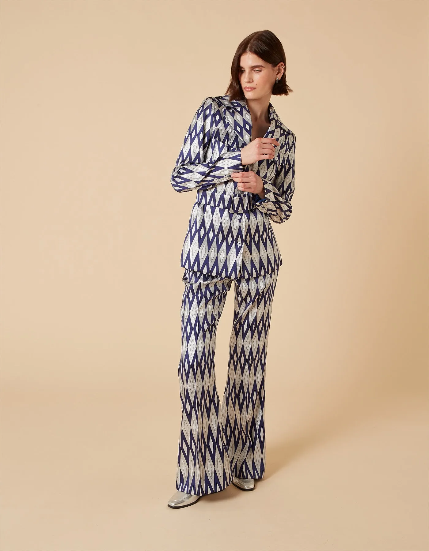 Kelly Blue Mirror Print Silk Jacquard Trousers