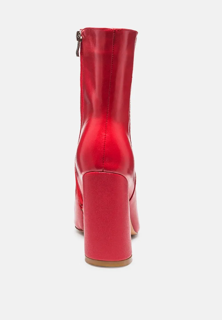 MARGEN Ankle High Pointed Toe Block Heeled Boot in Red