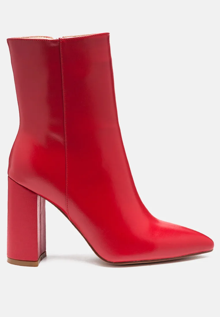 MARGEN Ankle High Pointed Toe Block Heeled Boot in Red