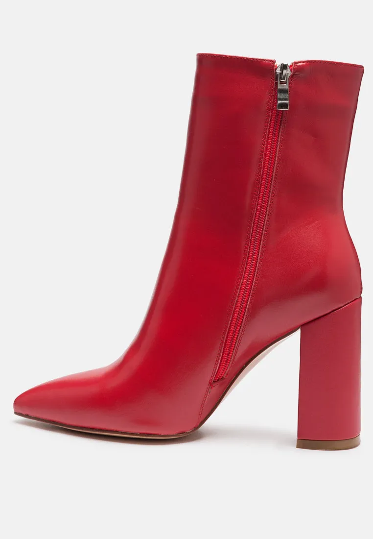 MARGEN Ankle High Pointed Toe Block Heeled Boot in Red