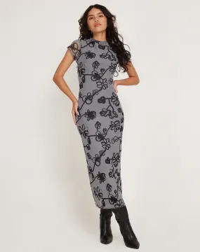 Maruza Midi Dress in Mesh Doodle Flower Grey