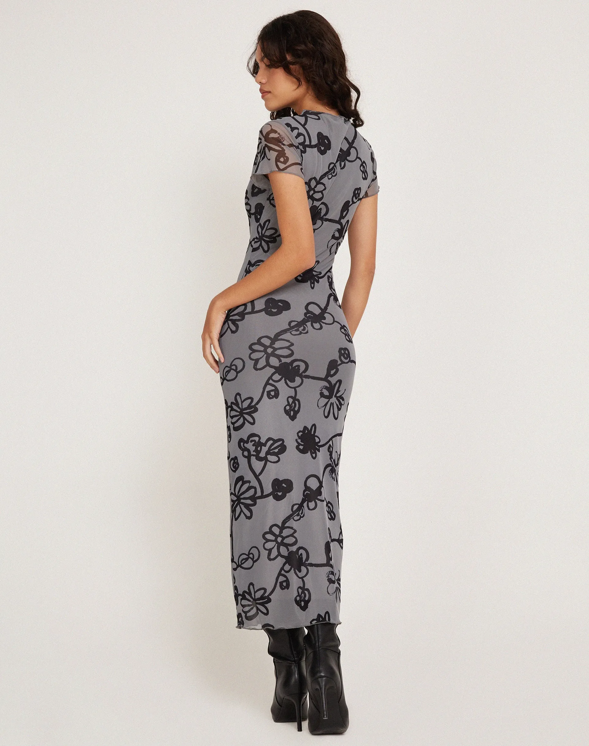 Maruza Midi Dress in Mesh Doodle Flower Grey