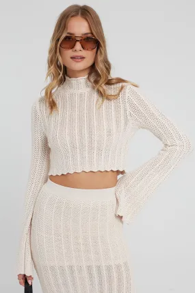 Perfect Stranger Cropped Long Sleeve Crochet Top White