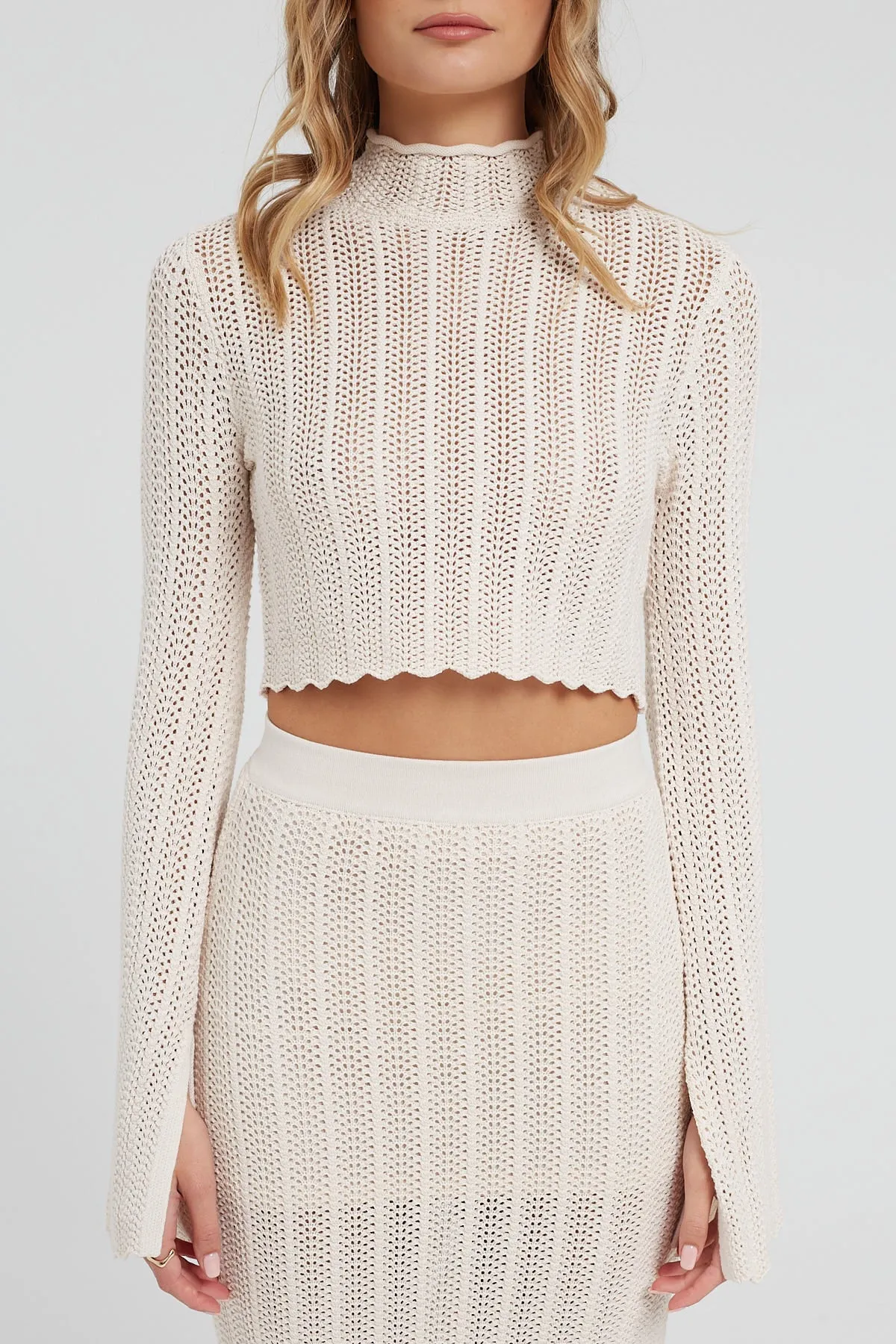 Perfect Stranger Cropped Long Sleeve Crochet Top White