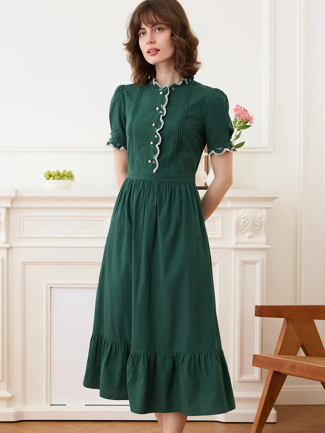 Romina Cotton Vintage Embroidered Green Dress