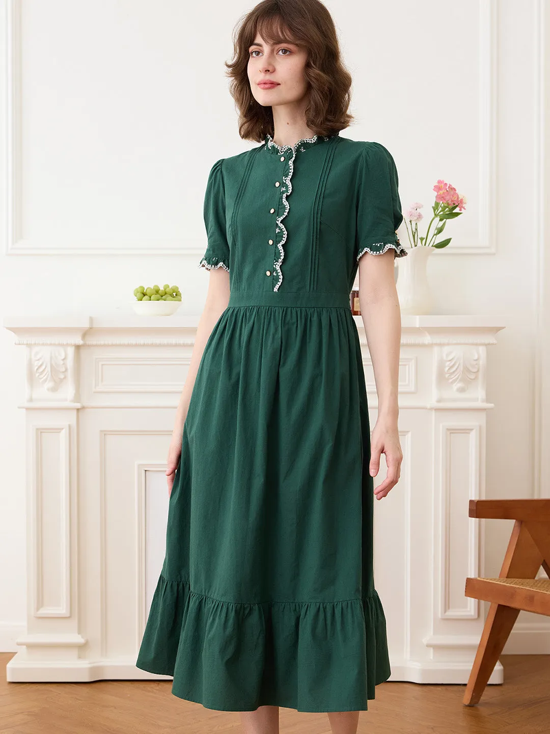 Romina Cotton Vintage Embroidered Green Dress