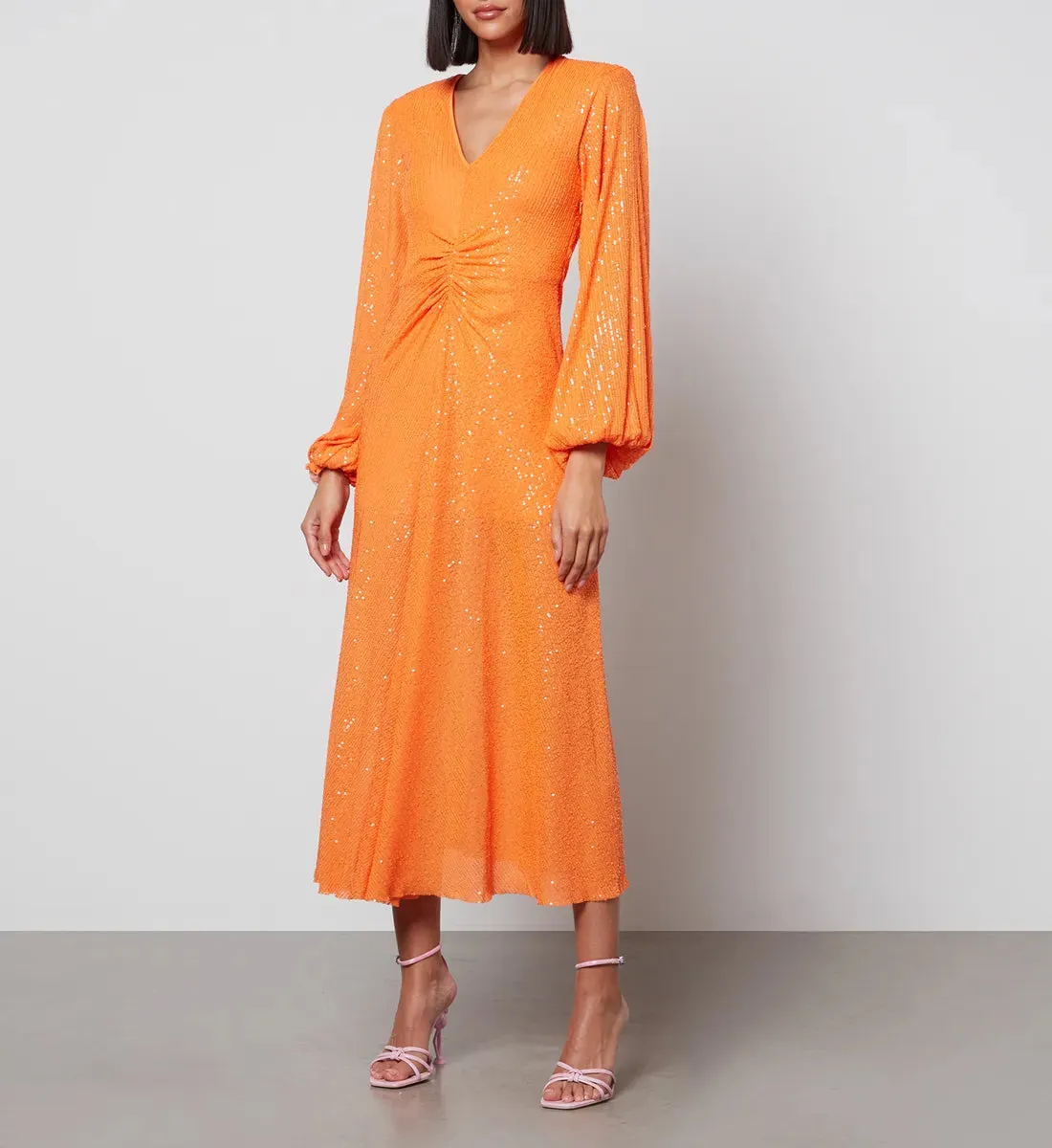 Rotate Birger Christensen Orange Ruched Sequined Stretch-mesh Midi Dress