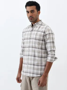 WES Casuals Beige Checkered Slim-Fit Cotton Shirt