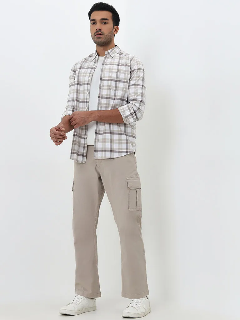 WES Casuals Beige Checkered Slim-Fit Cotton Shirt