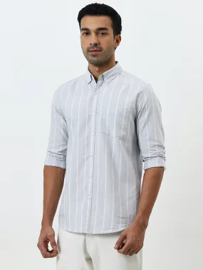 WES Casuals Grey Striped Slim-Fit Cotton Shirt