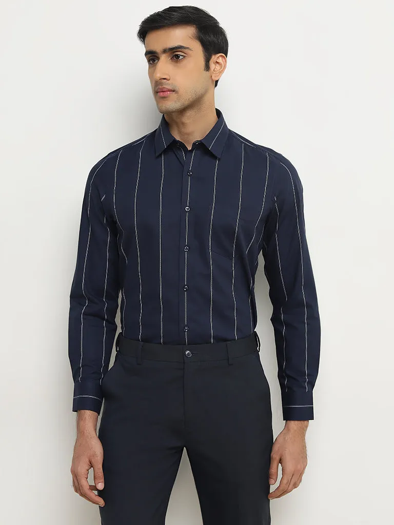 WES Formals Navy Striped Slim-Fit Cotton Shirt