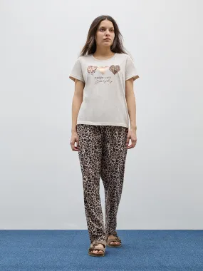 Wunderlove Beige Animal Printed Cotton Pyjamas Set in A Bag